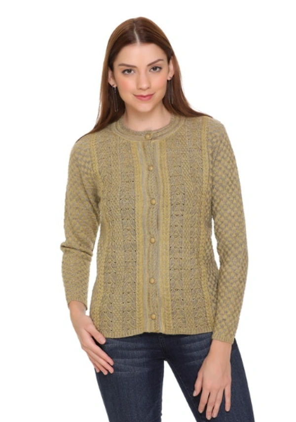 CLAPTON Women Round Neck Mustered Full Sleeve Wool Cardigan - M, Mustered, Wool, Pack of1